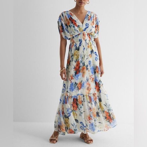 Express Floral Draped Sleeve Pleated Long Maxi Dress Size S Small - Picture 1 of 13